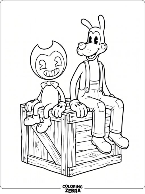 Bendy and Boris sitting on a crate