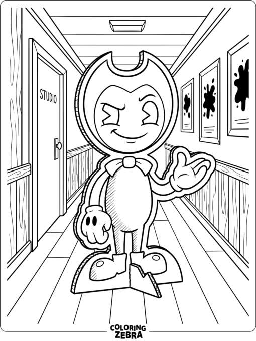 Bendy cardboard cutout in a studio hallway