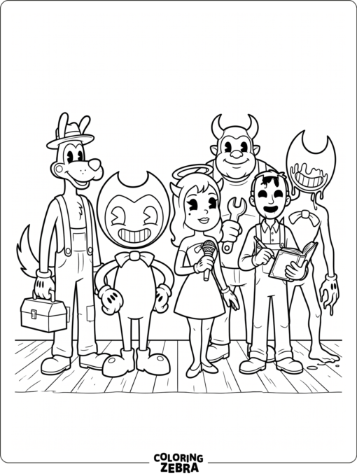 Bendy characters standing together in a simple lineup