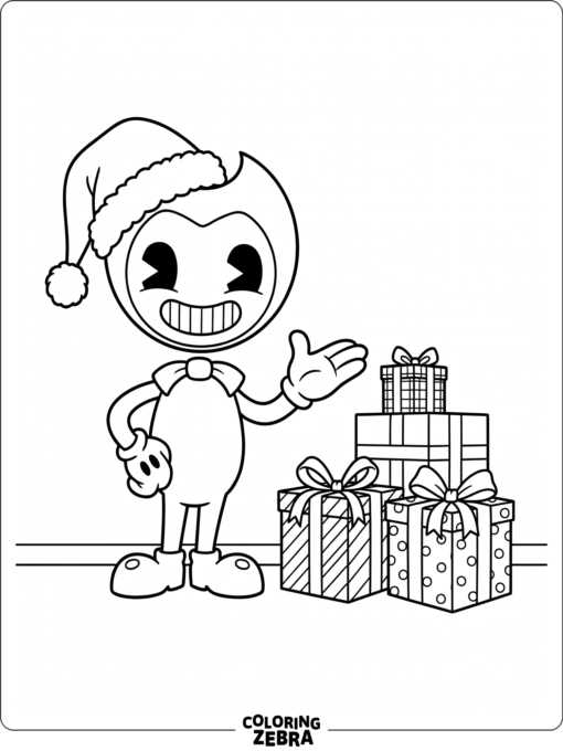 Bendy in a Santa hat with holiday gifts
