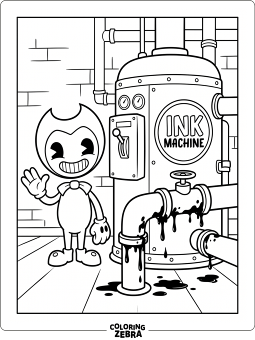 Bendy near the Ink Machine and dripping pipes