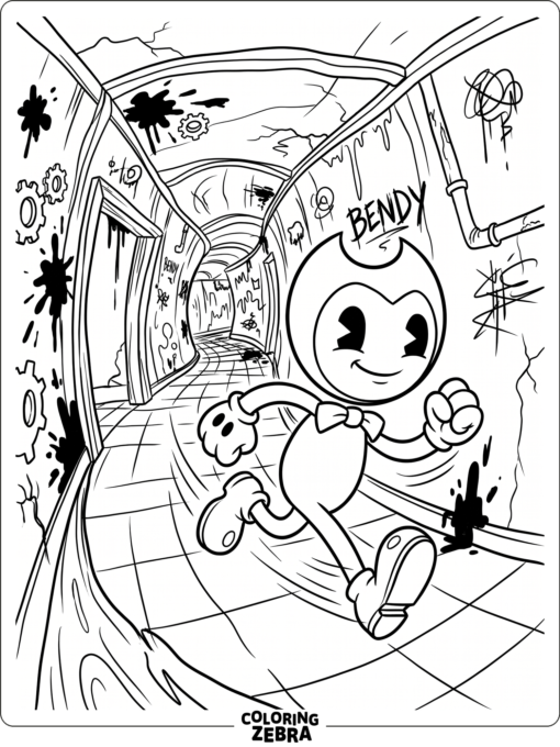 Bendy running down a narrow hallway