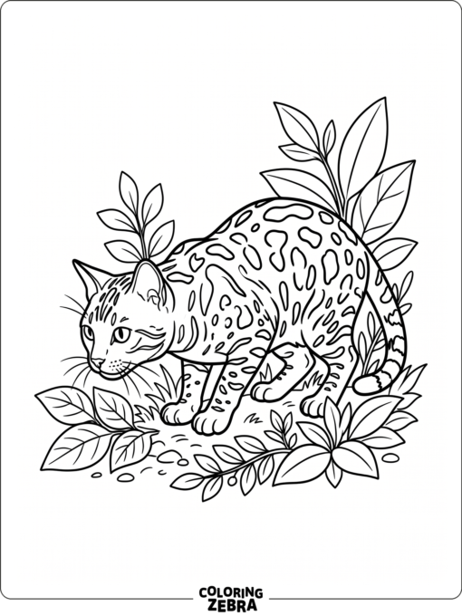 A Bengal cat crouching near leaves