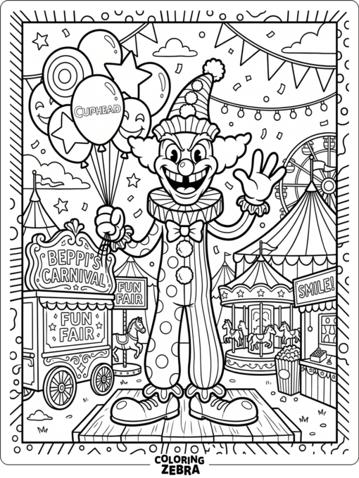 Beppi the Clown in a carnival scene with bold outlines