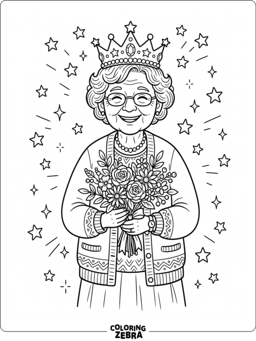 Grandma wears a crown and holds a bouquet with stars nearby