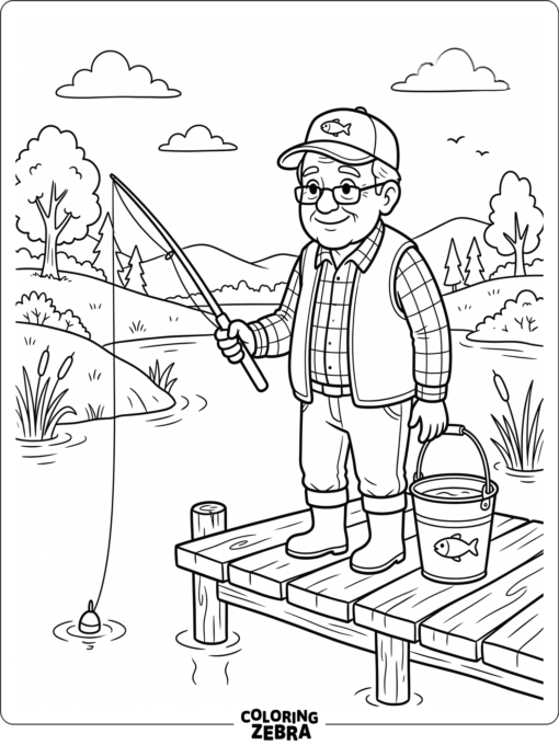 Grandpa wearing a cap holds a fishing pole beside a bucket