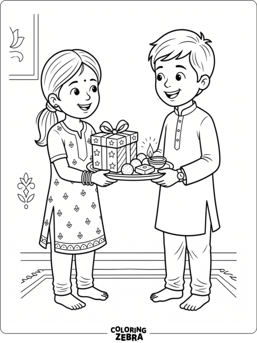 Brother and sister exchanging a gift during Bhai Dooj