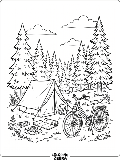 A bicycle stands near a tent at a campsite