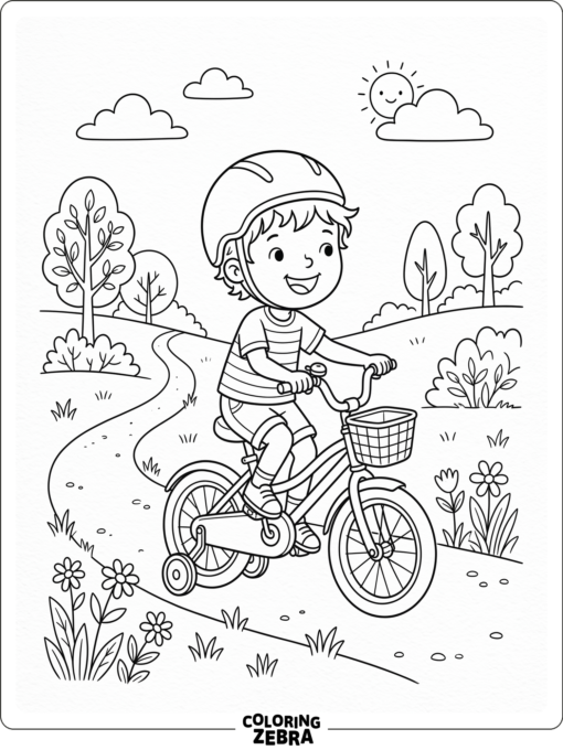 A kid riding a bicycle on a simple path