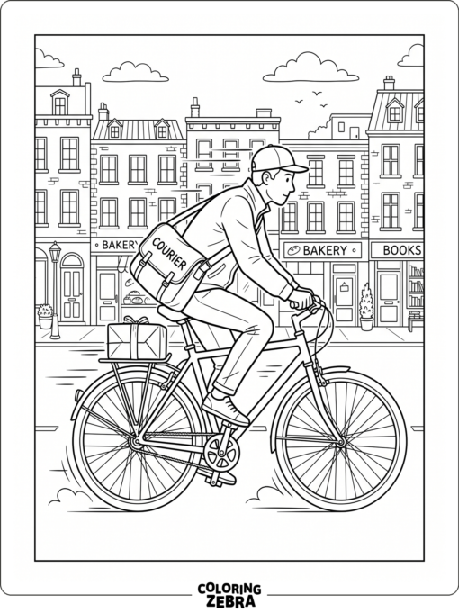 A courier rides a bicycle with a satchel