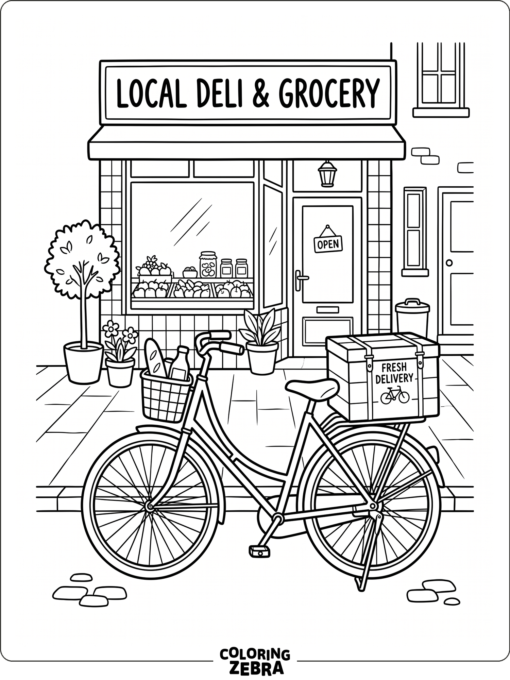 A delivery bicycle carries a box near a shop
