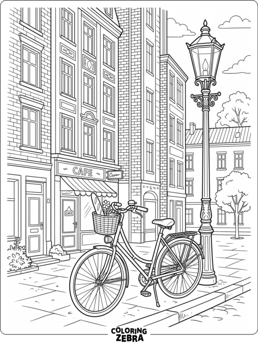 A bicycle stands on a city street near tall buildings