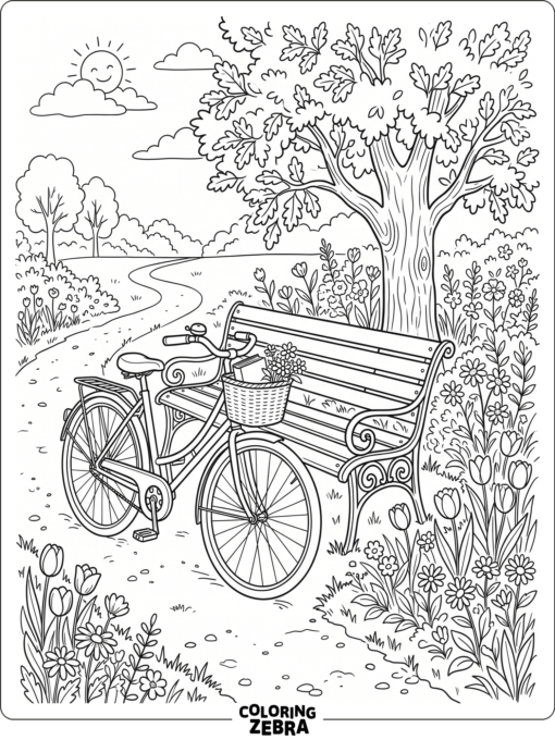 A bicycle rests near a park bench and flowers