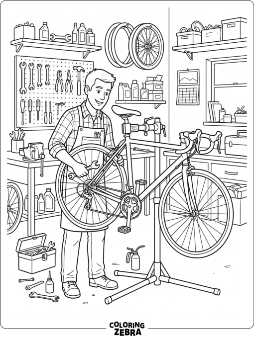 A mechanic repairs a bicycle with tools