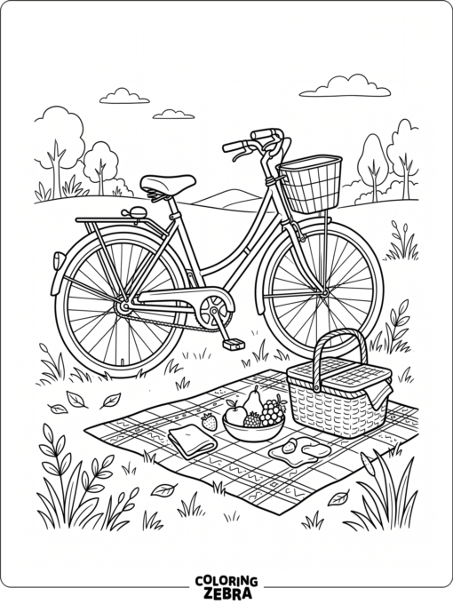 A bicycle sits beside a picnic blanket with food