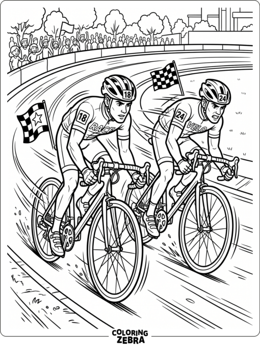Two cyclists race side by side on a track