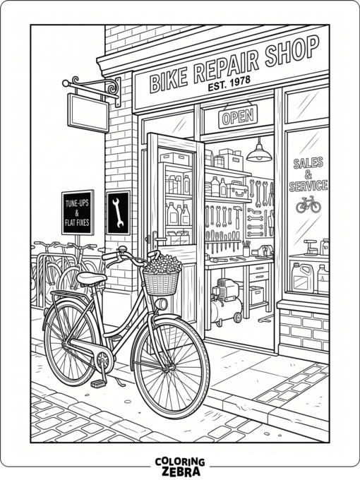 A bicycle waits outside a repair shop