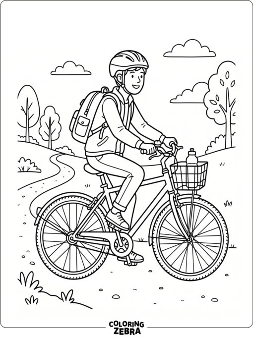 A rider on a bicycle with a helmet and backpack