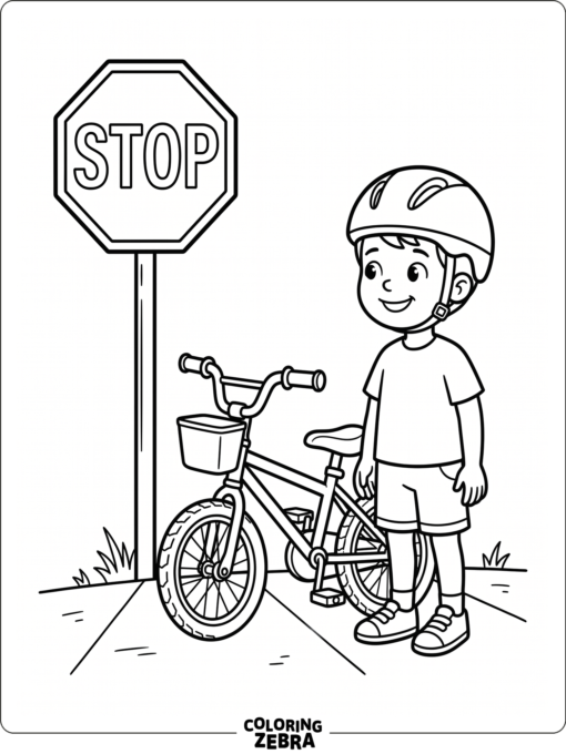 A child in a helmet standing near a bike and stop sign