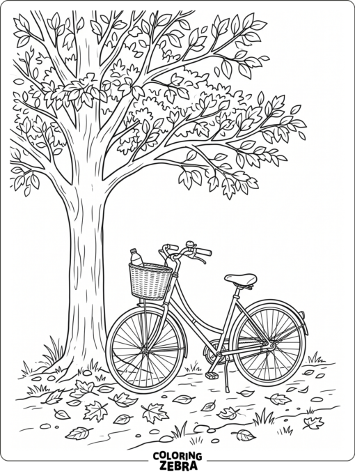 A bicycle sits under a large tree