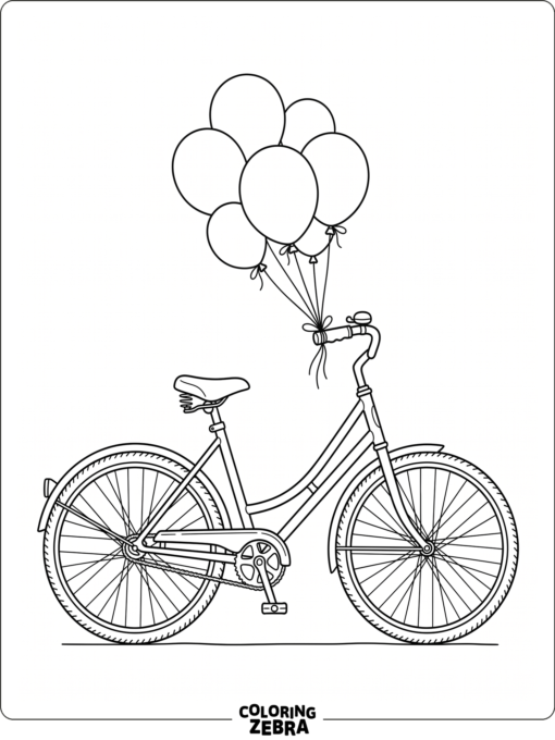 A bicycle with balloons tied to the handlebars