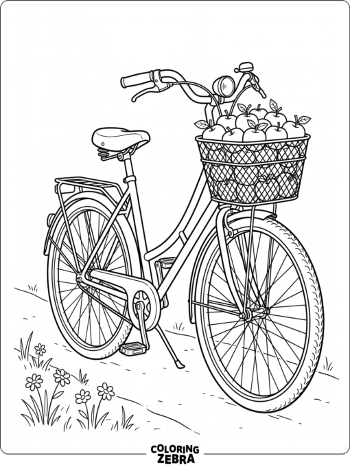 A bicycle with a basket full of apples