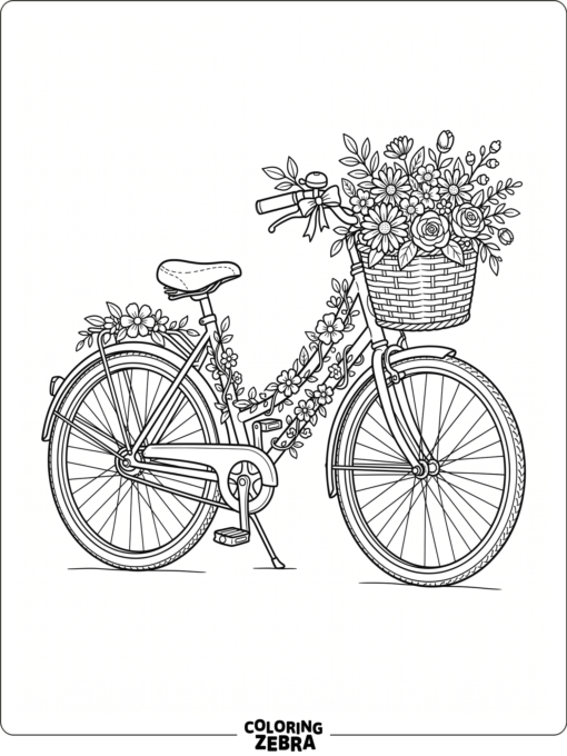 A bicycle decorated with flowers and a front basket