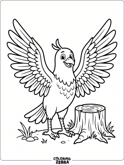 A big bird stands with wings spread wide