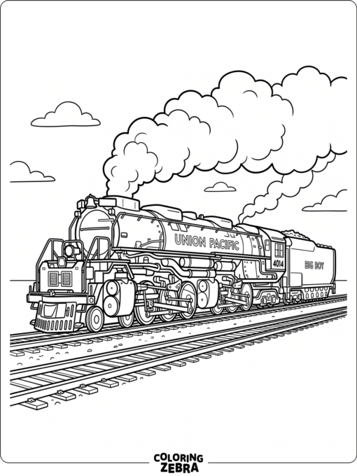 Big Boy locomotive with steam and long wheels