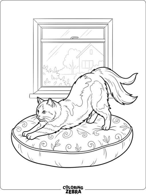 A large cat stretching on a cushion by a window