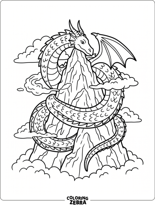 A giant dragon wrapped around a mountain peak