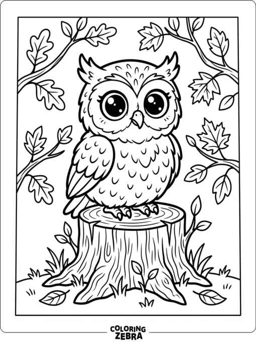 An owl with big round eyes sitting on a stump