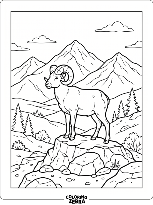A big horn sheep stands on rocks with mountains behind it