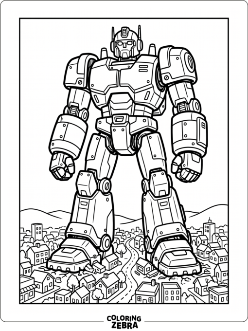 Giant robot beside tiny buildings