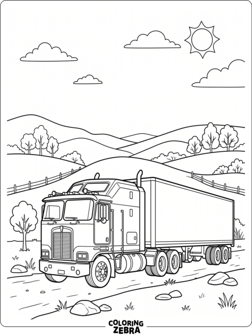 A big truck parked under a wide sky and hills