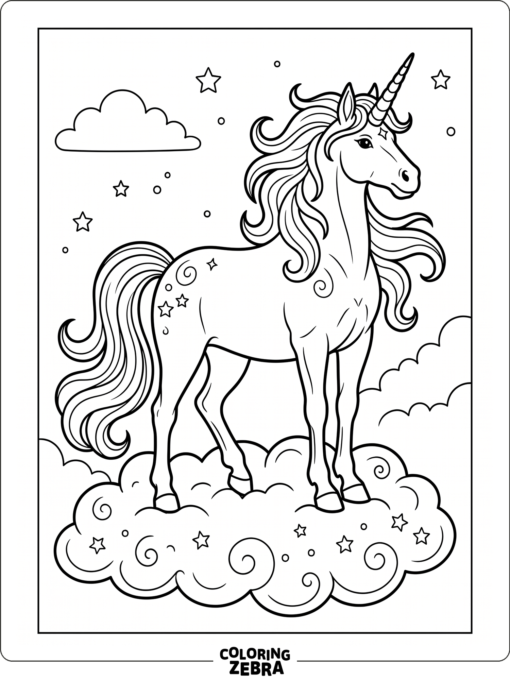 A large unicorn standing on a cloud