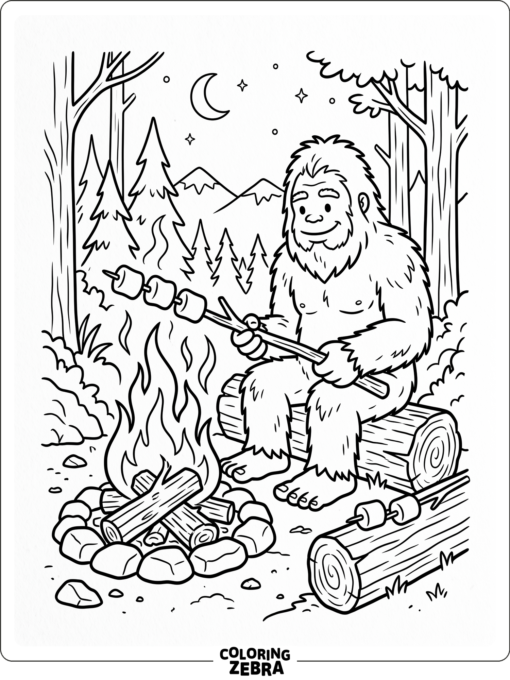A Bigfoot sitting by a campfire
