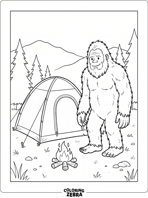 A bigfoot camps beside a tent and small campfire with a plain wooded background.
