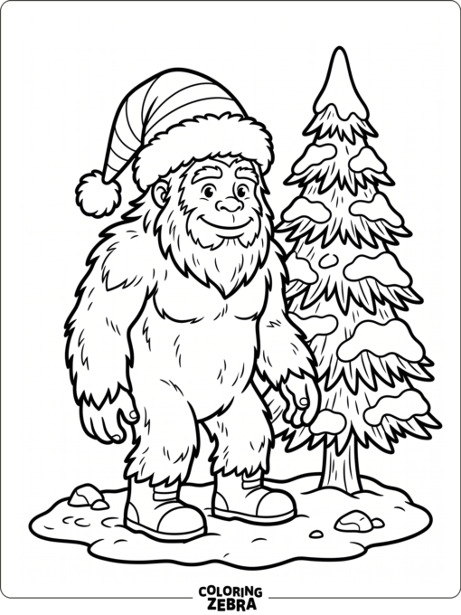 A bigfoot in a Santa hat stands by a snowy evergreen with simple winter details.