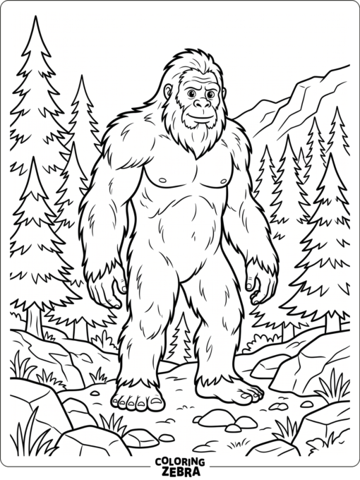 A bigfoot figure stands in a simple forest scene with bold outlines and open spaces.