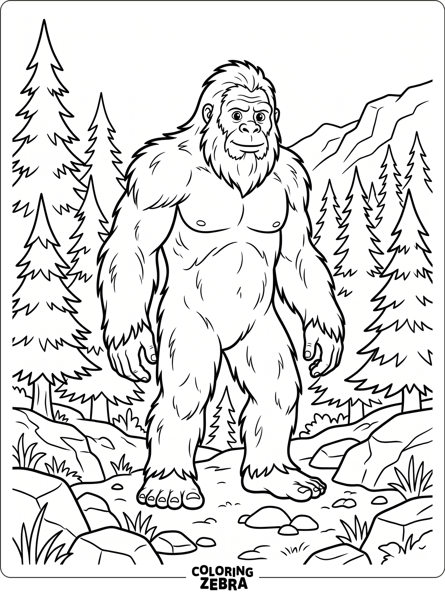 A bigfoot figure stands in a simple forest scene with bold outlines and open spaces.