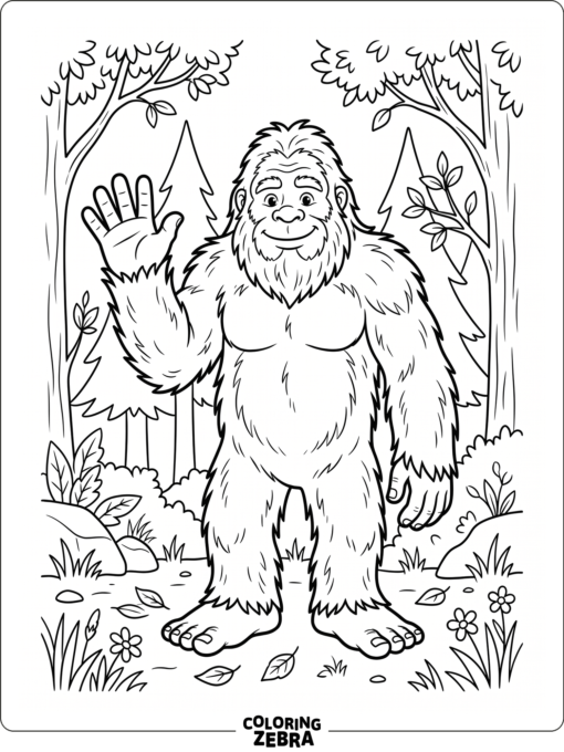 A friendly bigfoot waves in a plain forest clearing with large open spaces.