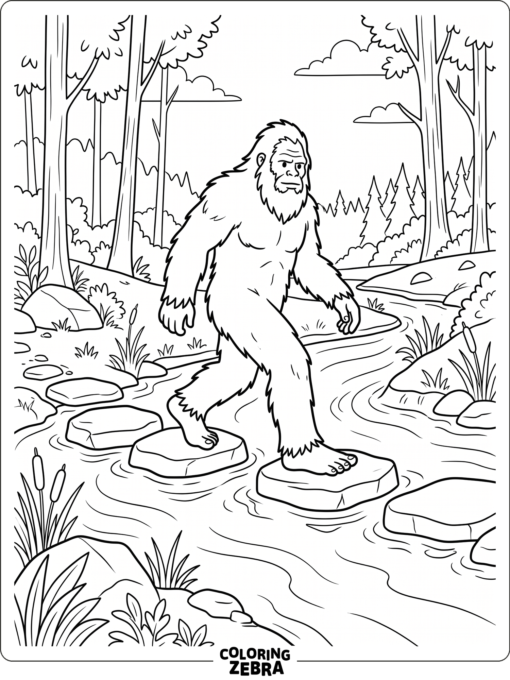 A Bigfoot stepping across a stream