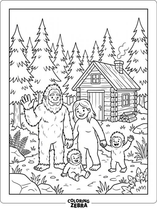 A bigfoot family stands near a log cabin with simple trees and large open spaces.