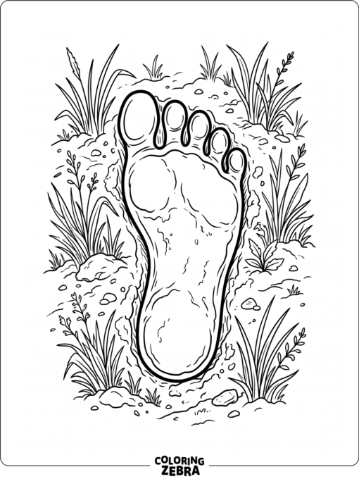 A single bigfoot footprint sits in dirt with a few blades of grass around it.