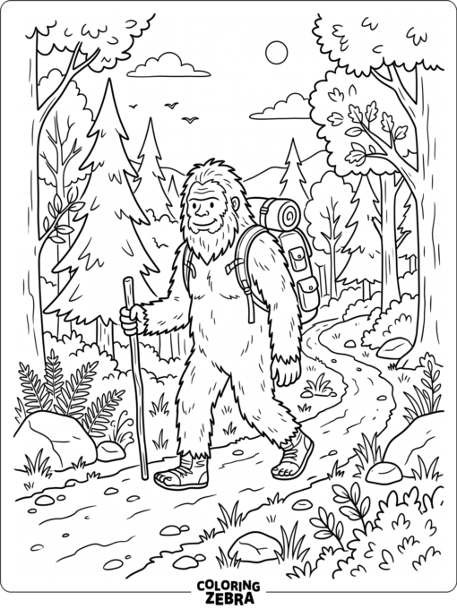 A bigfoot hikes along a forest path with a backpack and simple trees nearby.