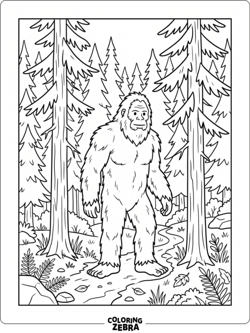 A bigfoot stands between fir trees with bold outlines and a plain woodland background.