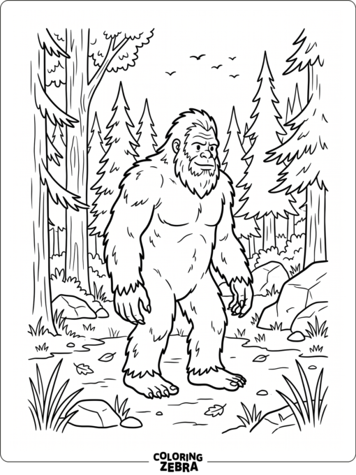 A bigfoot stands in a wild forest clearing with rocks, tall pines, and open space.