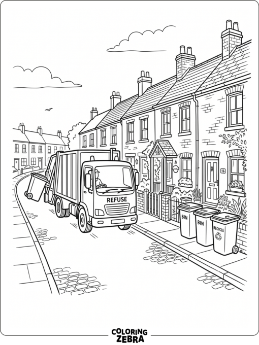 A bin lorry driving past row houses