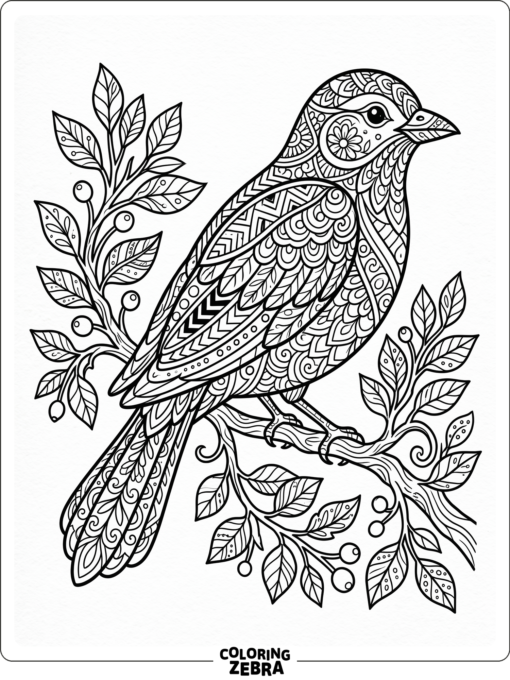 An adult bird with patterned feathers on a branch